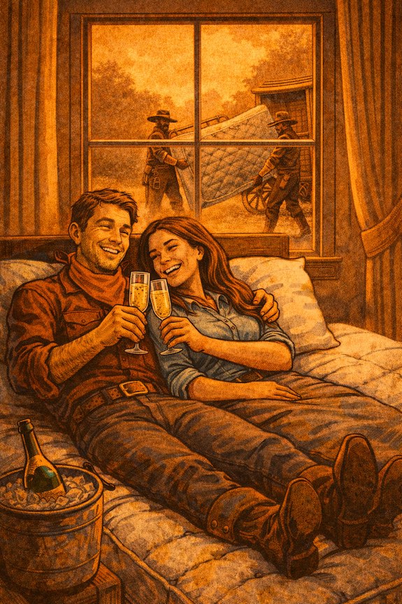 Western-style illustration of a couple relaxing indoors while a bulky item is being removed outside.