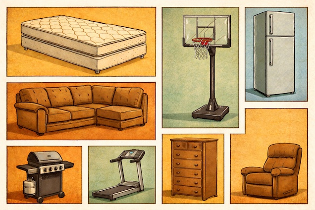 Western comic-style illustration of large bulky items ready for junk removal including furniture, appliances, and exercise equipment.