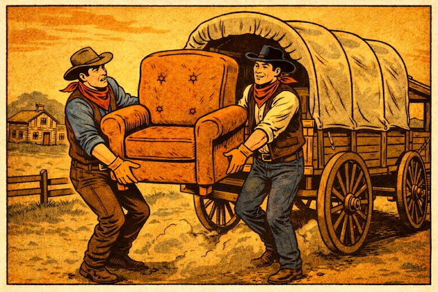 Western-style illustration of two haulers lifting a heavy arm chair for outdoor pickup.