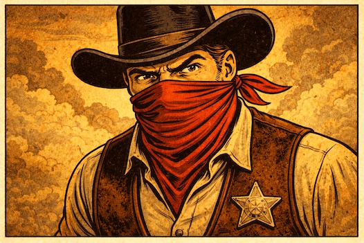 Western comic-style illustration of a masked cowboy wearing a sheriff’s badge.