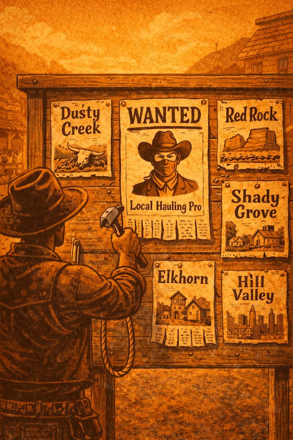 Western-style illustration of a public bulletin board with a wanted poster for a local hauler.