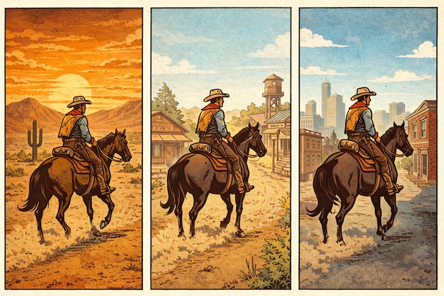 Three-panel western-style illustration of a cowboy on horseback riding through a desert, a small town, and a city street.