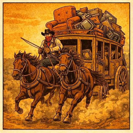 Western comic-style illustration of a cowboy driving a horse-drawn wagon piled high with furniture and bulky items.