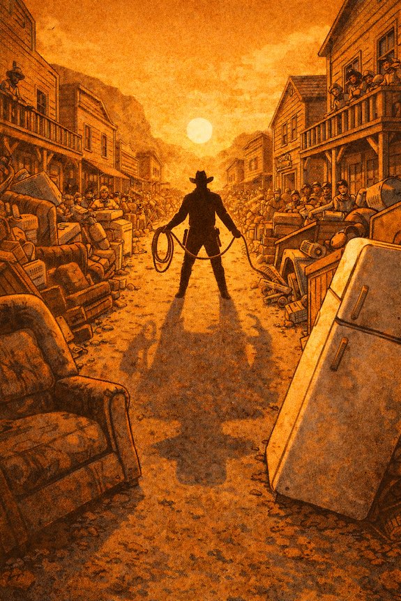 Western-style illustration of a cowboy facing piles of bulky discarded items.
