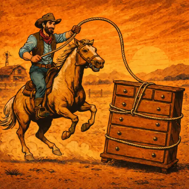 Western-style illustration of a cowboy lassoing a dresser.