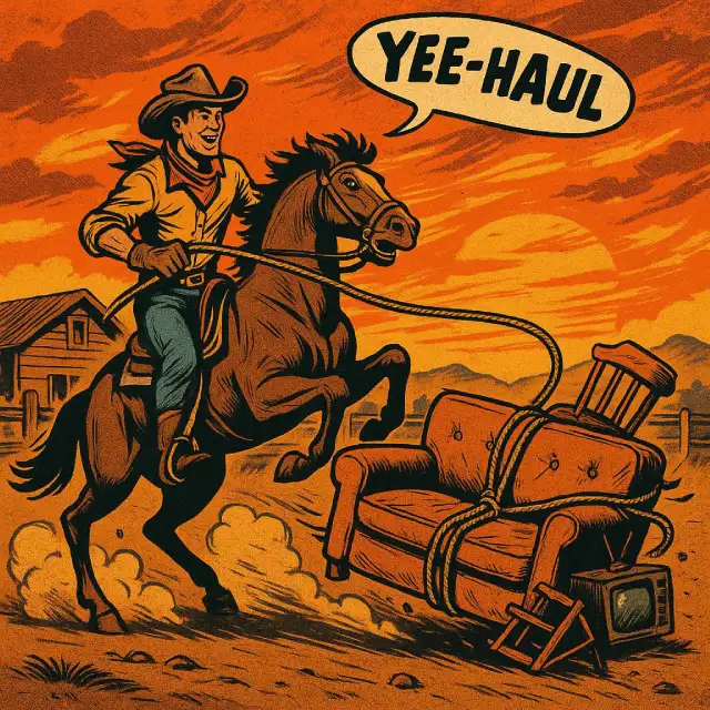 Western-style illustration of a cowboy lassoing a junk pile.
