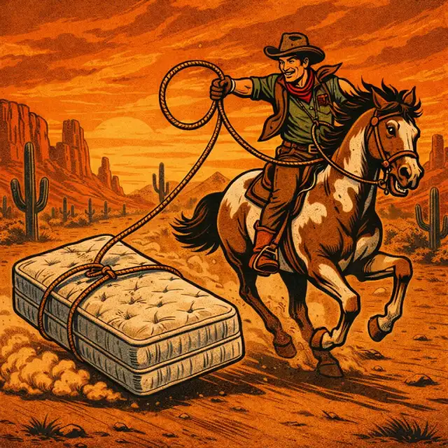 Western-style illustration of a cowboy lassoing an old mattress.