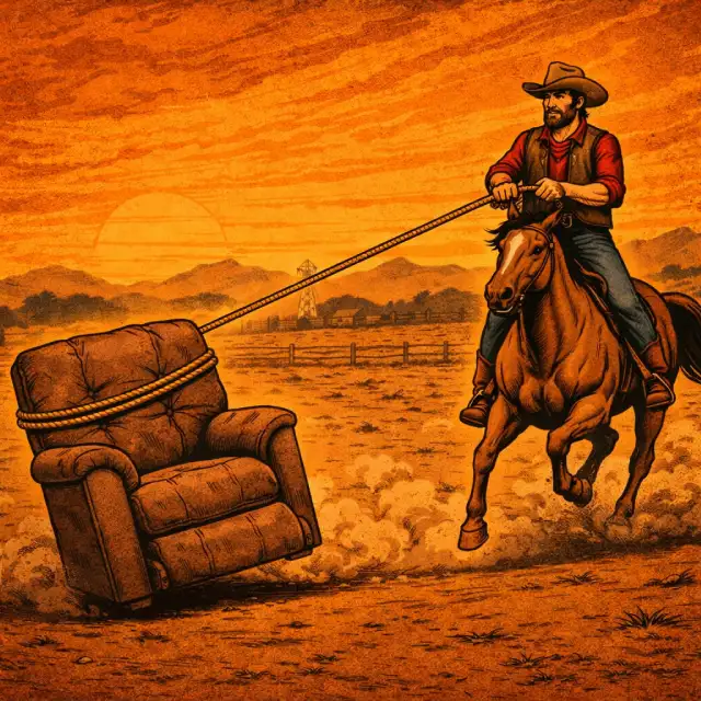 Western-style illustration of a cowboy lassoing a recliner.