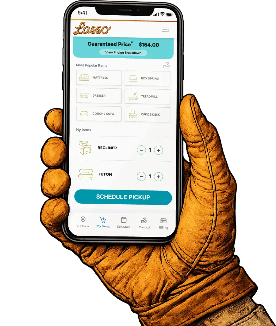 Junk removal pricing tool showing upfront pricing and item selection on a mobile phone.
