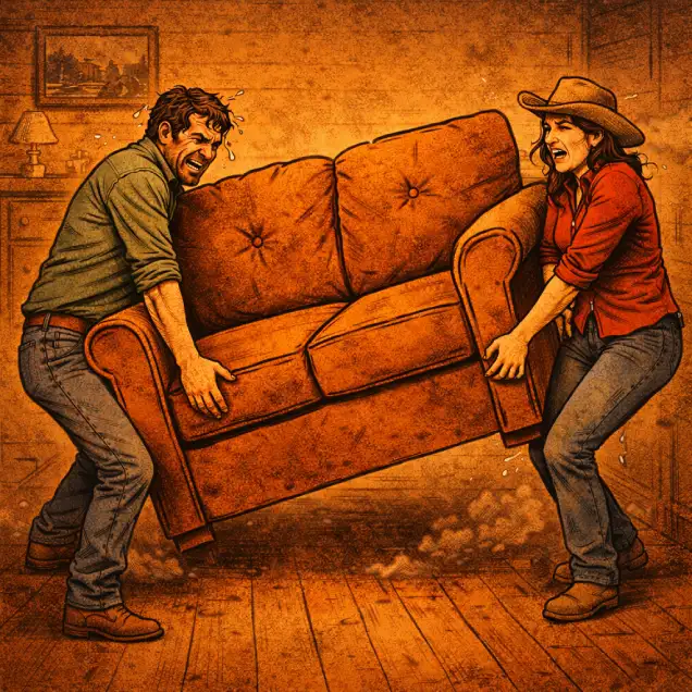 Couple struggling to move a heavy couch inside their home.