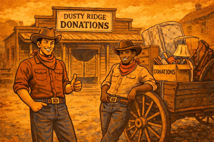 Western-style illustration of haulers delivering reusable items to a donation center.