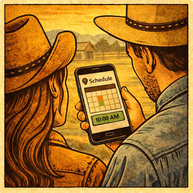 Couple scheduling service date on a mobile booking system.