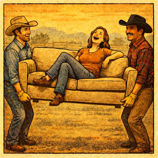 White-glove junk removal service lifting a couch while the customer relaxes.