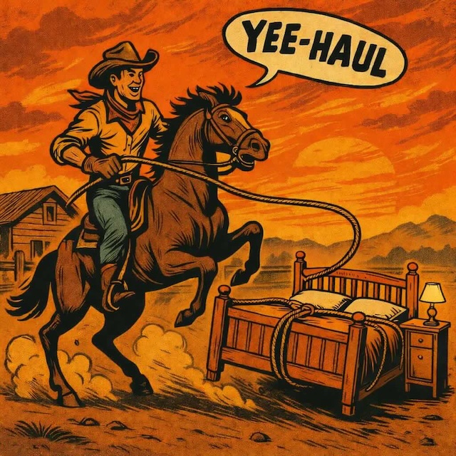 Western-style illustration of a cowboy lassoing a bed frame.