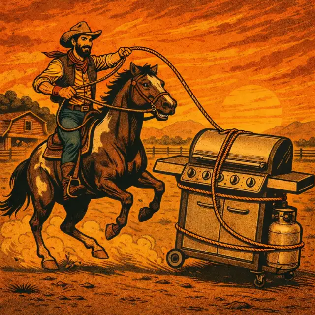 Western-style illustration of a cowboy lassoing a appliance.
