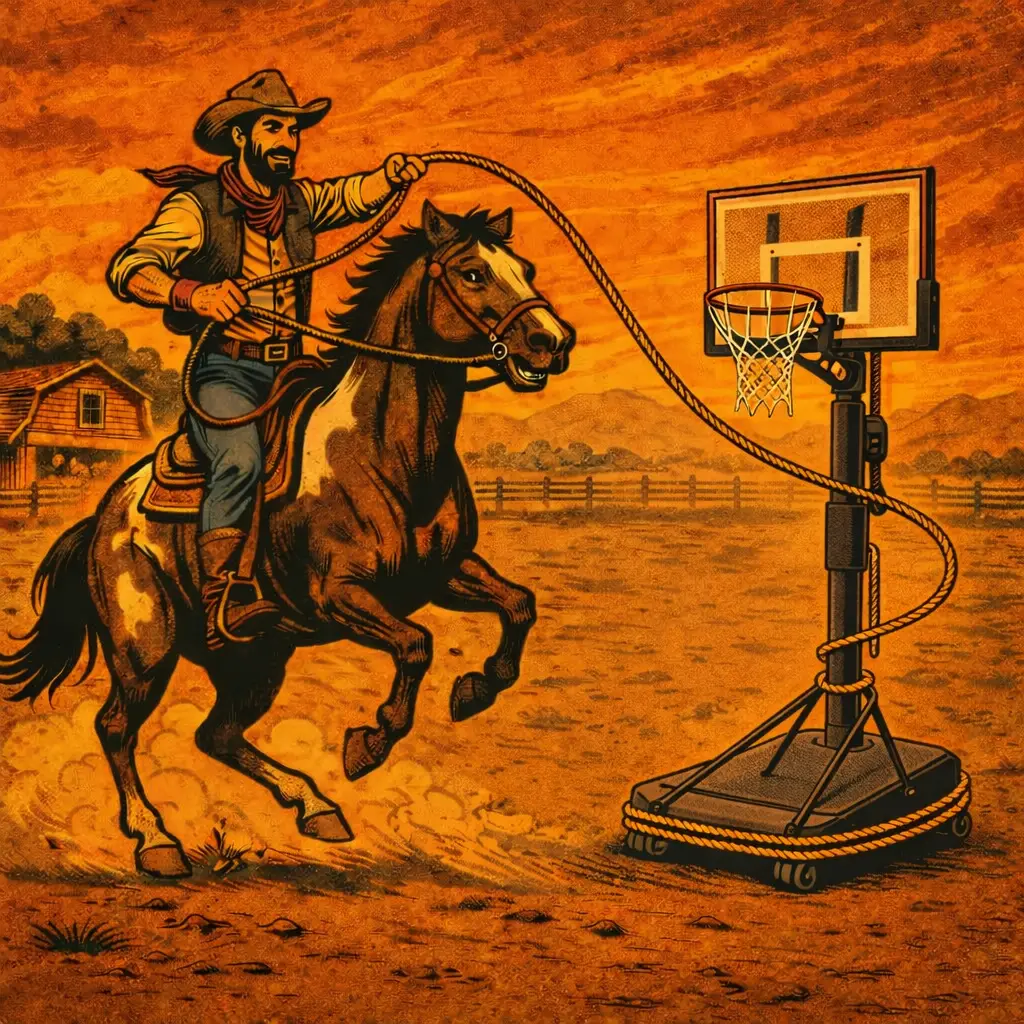 Western-style illustration of a cowboy lassoing a basketball goal.