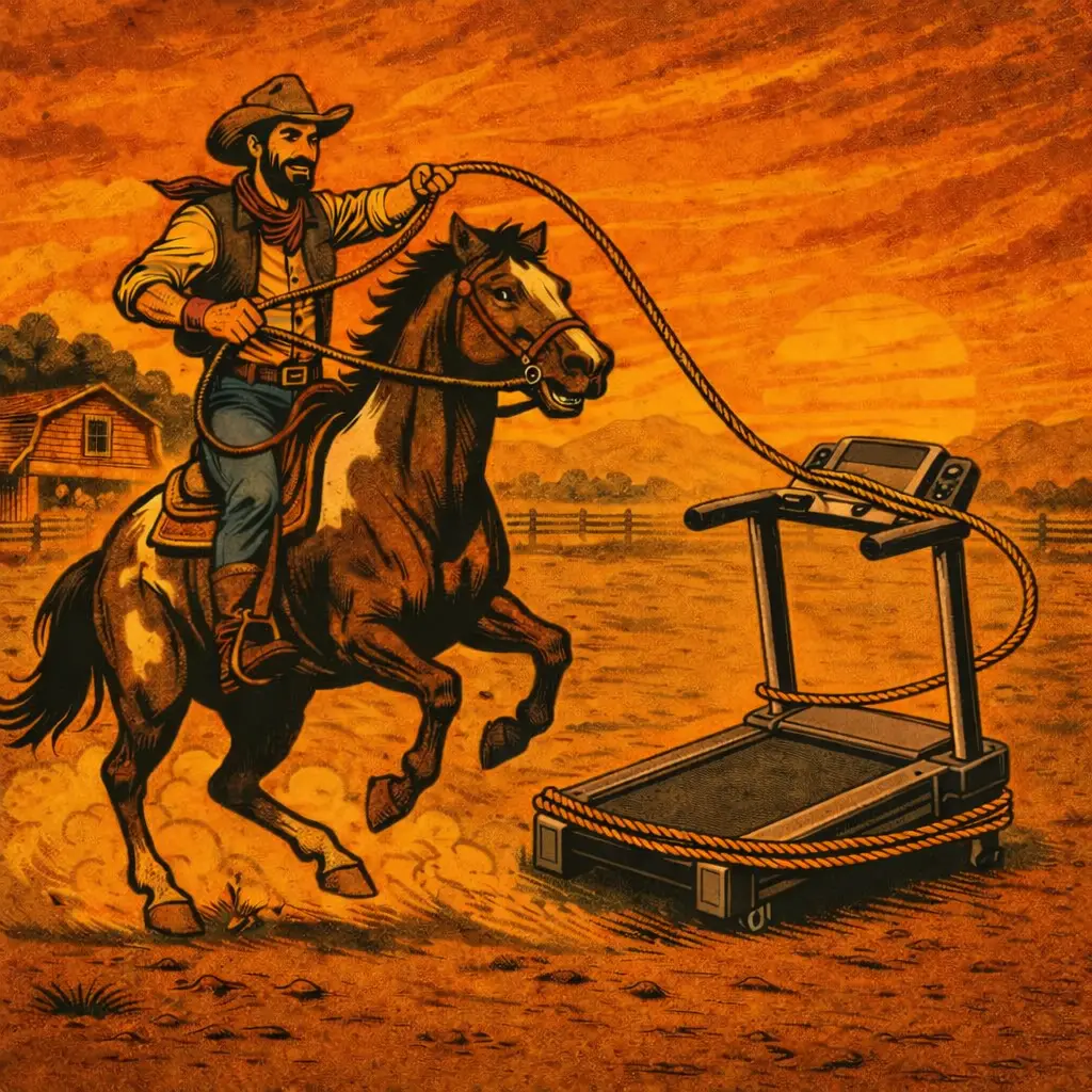 Western-style illustration of a cowboy lassoing a treadmill.