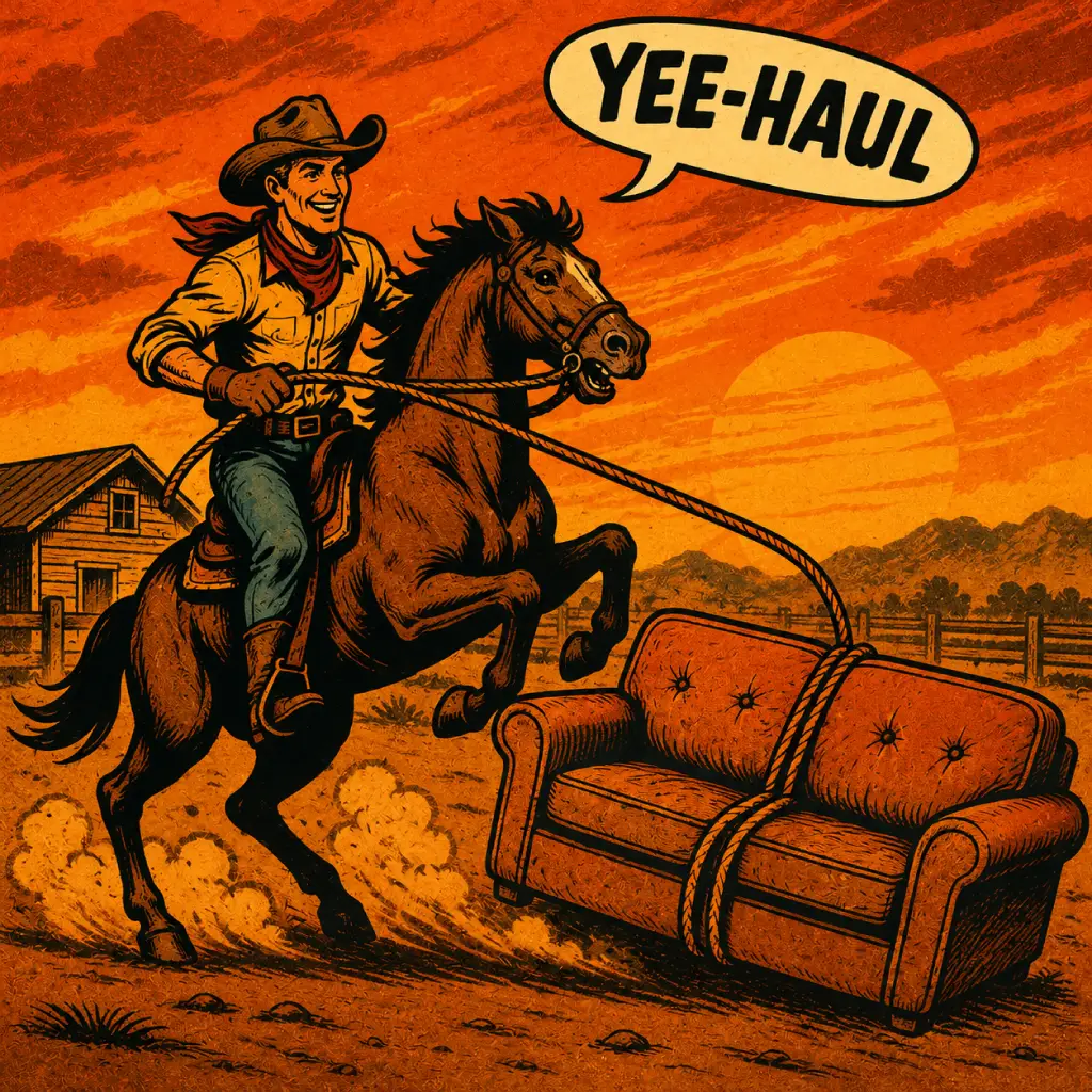 Western-style illustration of a cowboy lassoing a couch.