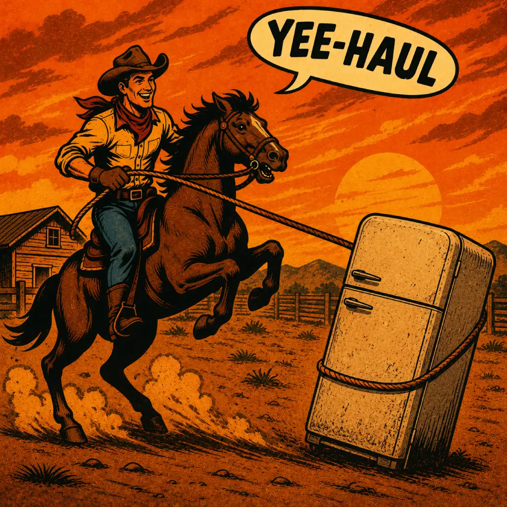 Western-style illustration of a cowboy lassoing a refrigerator.