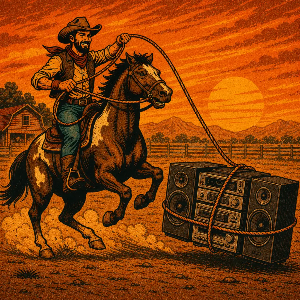 Western-style illustration of a cowboy lassoing a stereo system.