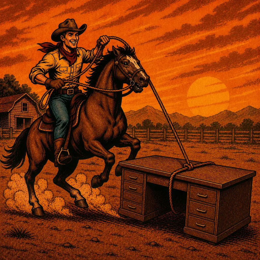 Western-style illustration of a cowboy lassoing a desk.