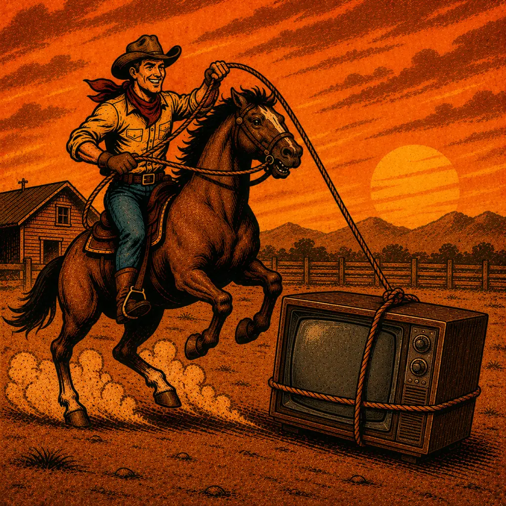 Western-style illustration of a cowboy lassoing a tv.