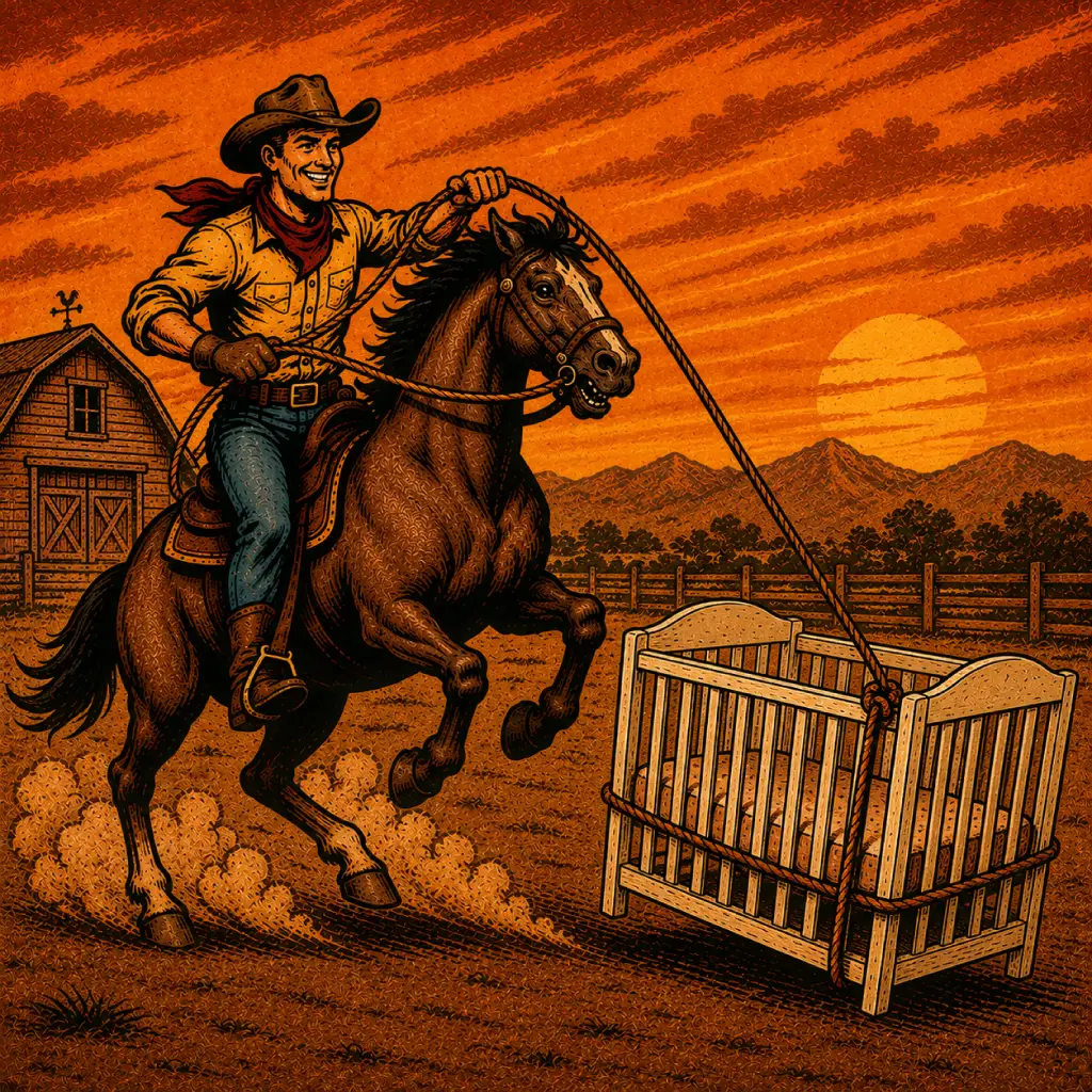 Western-style illustration of a cowboy lassoing a crib.